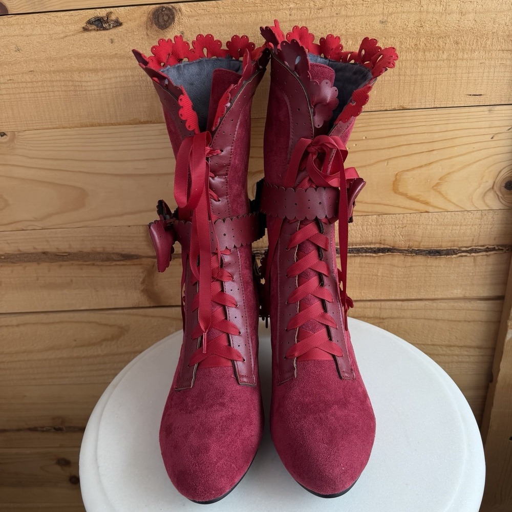 New Steam Punk Victorian Red Ribbon Lace Up Boots Sz 41 Ren Faire Whimsigoth - Picture 3 of 5